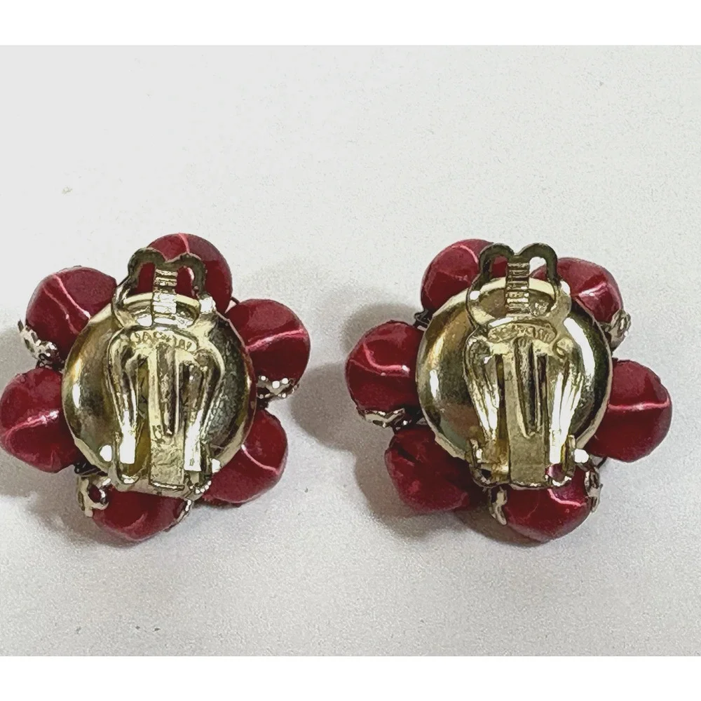 Vintage Red Satin Bead Earrings, Orbit Clip On Round Flowers Retro Japan 1950s